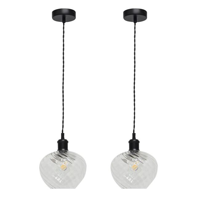 Set of 2 Bradson - Clear Swirl Glass Black Retro Pendant Fittings