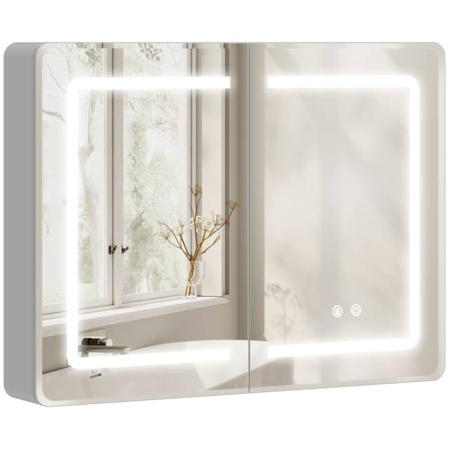 HOMCOM 60 x 80 cm LED Bathroom Mirror Cabinet with Double-Sided Mirrors Silver Silver 80W x 13.5D x 60H cm