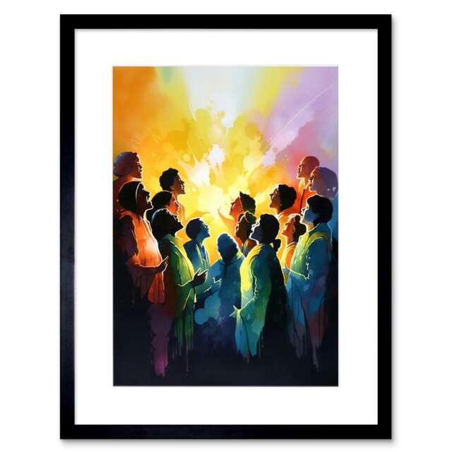 "Choir Women Singing by Bonfire Modern Rainbow Watercolour 9x7"" Black Framed Wall Art Print"