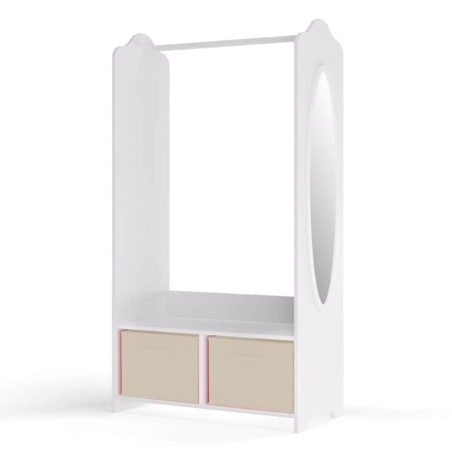 Kids MDF Wooden Hanging Clothes Rail Wardrobe Storage Shelves with Inserts Mirror White Beige