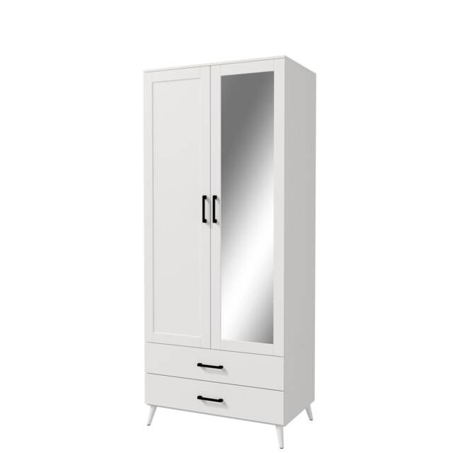 2-Door 2-Drawer Mirror Wardrobe with Legs White White & White 55 x 9.5 x 149 1