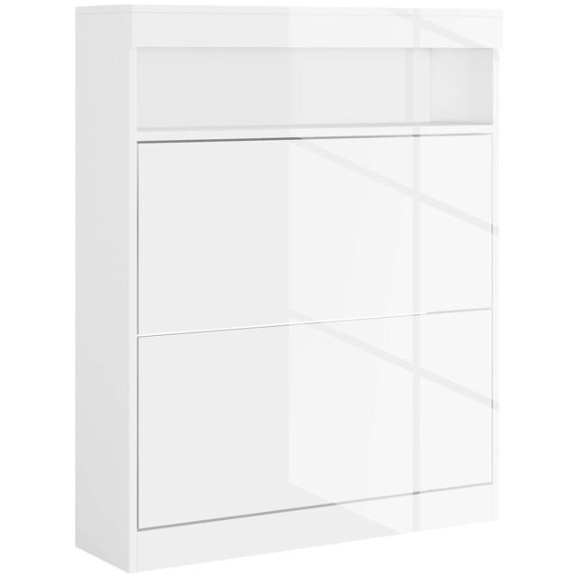 HOMCOM Narrow Shoe Cabinet, Wall Mounted or Freestanding Shoe Storage Cabinet with 2 Flip Drawers and Open Shelf for 12-16 Pairs of Shoes for Entryway, High Gloss White