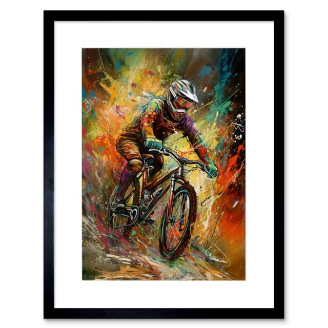 "Mountain Biker Portrait Action Shot 9x7"" Black Framed Wall Art Print"