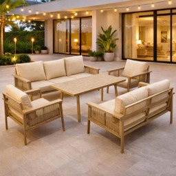 Aluminium Garden Furniture Set 7 Seater Beige Outdoor Patio Sofa Set - Poly Rattan Rope Loveseat, Armchairs, Dining Table, Thick Cushions for Lounge Conservatory Balcony Seating