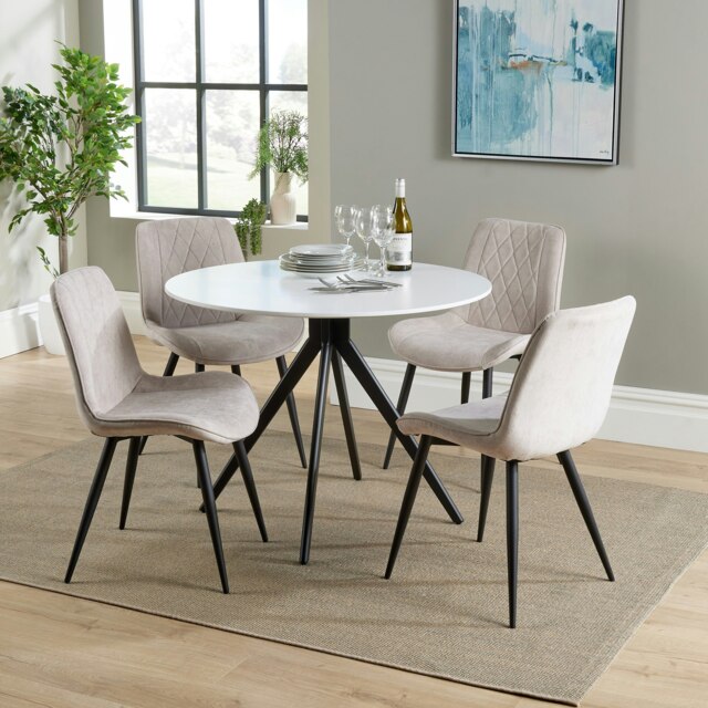 Aspen White 100cm Round Dining Table with 4 Diamond Stitch Upholstered Fabric Chairs - Modern Dining Set White Natural One Size 1