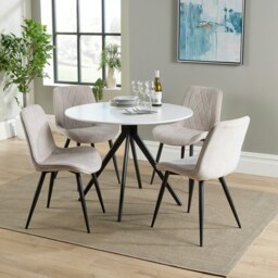 Aspen White 100cm Round Dining Table with 4 Diamond Stitch Upholstered Fabric Chairs - Modern Dining Set White Natural One Size 1