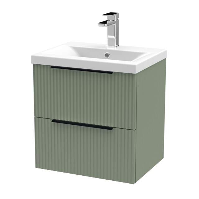 Balterley Fluted Front Wall Hung 2-Drawer Bathroom Vanity Unit and Mid-Edge Basin, Handles Green Satin Green