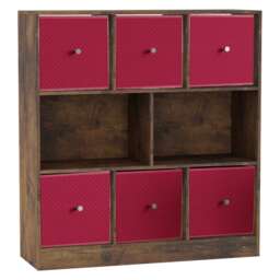 Asymmetrical 8 Cube Bookcase Unit w/ 6 Drawer Inserts Brown Rustic Brown & Fuchsia 8