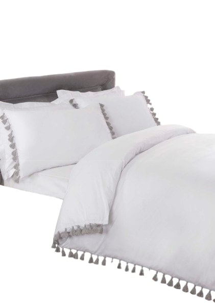 Tassel Polycotton Duvet Cover Set with Pillowcase White Single 1