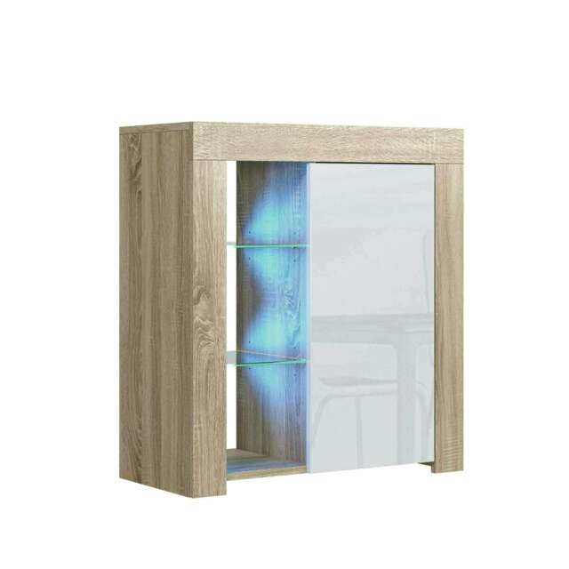 Sideboard 75cm White Gloss Door Oak Matt Body Glass Shelves Free LED Multi Oak
