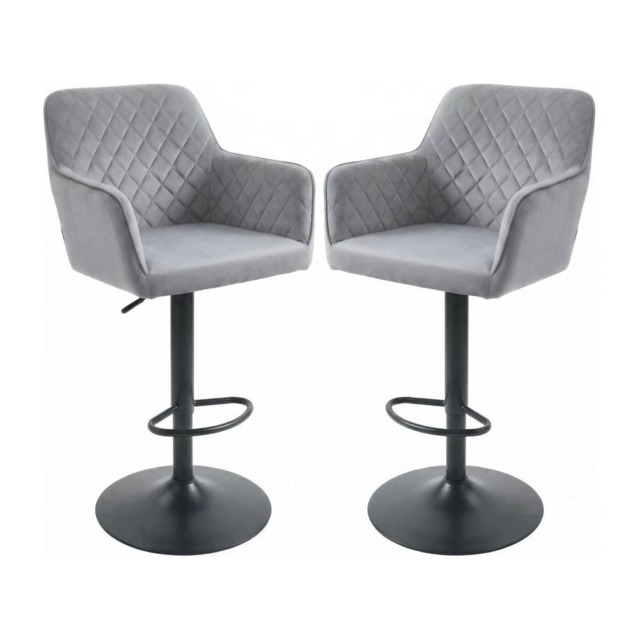 Alivio Set of 2 Velvet Bar Stools with Adjustable Height, Swivel Seat, Quilted Back, Armrests & Footrest (Grey)