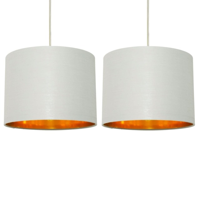 Set of 2 Grey Cotton Gold Lining 25cm Pendant Lightshade Grey Gold Medium 2