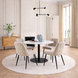 Corby Round Dining Table with White Polished Marble Top & Black Base includes 4 Brooke Dining Chairs in Beige
