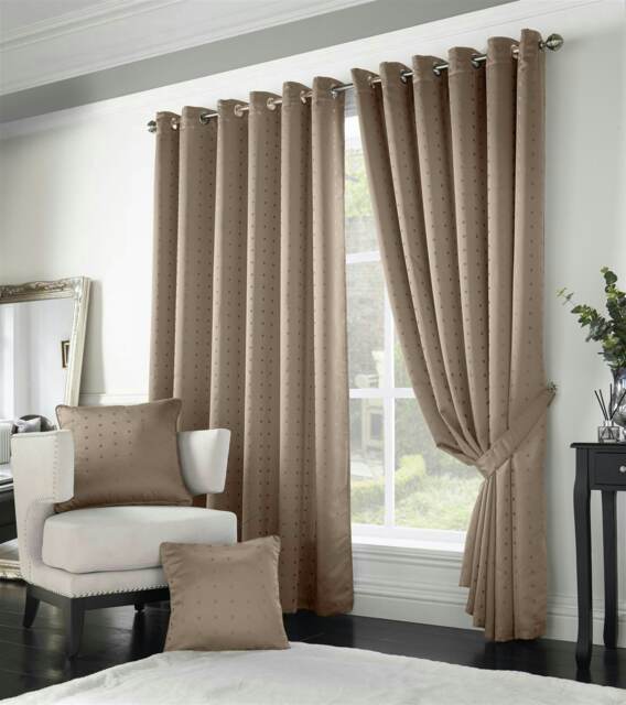 Adison Lined Ring Top Eyelet Curtains - 168cm x 137cm - Latte