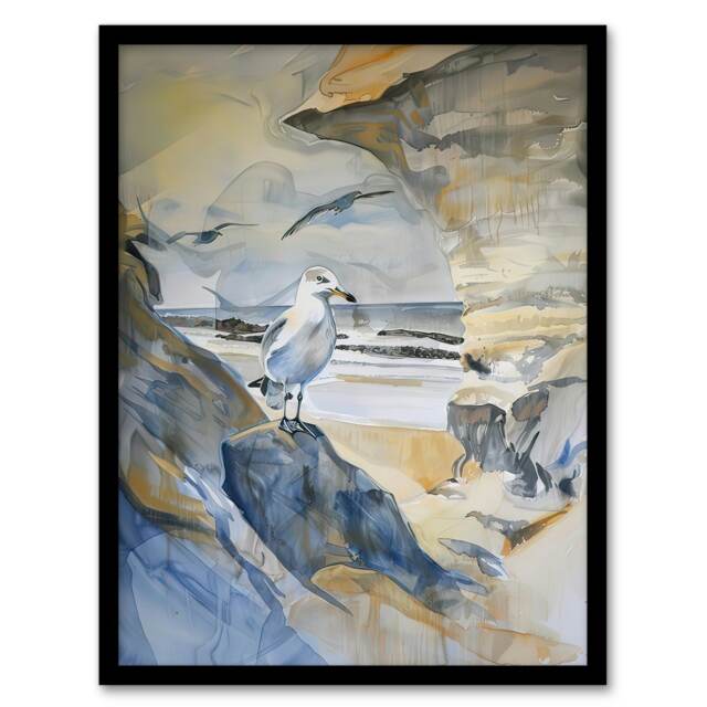 Seagull Aldeburgh Beach Suffolk Art Watercolour Black Framed Wall Art Print A4
