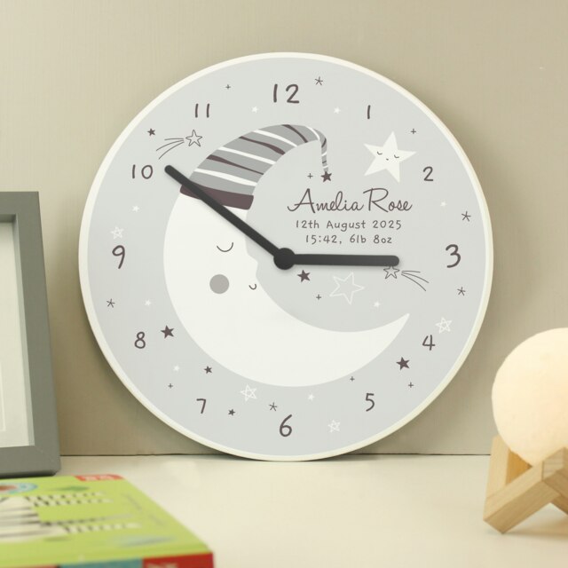 Personalised Moon Wooden Nursery Clock White