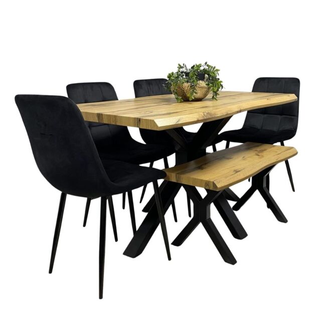 Wooden Dining Table with Bench and 4 Black Velvet Chairs, Stylish Dining Room Furniture