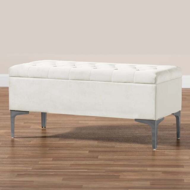 Modena Storage Ottoman Bench, Ottoman Footstool with Legs, 180cm Plush Velvet Upholstered End of Bed Bench, White