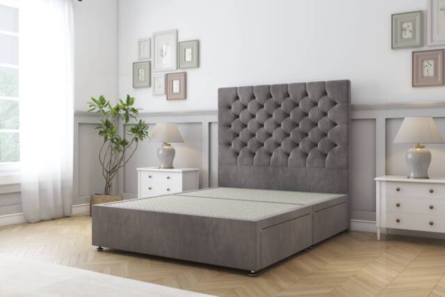 Sloomy Mayfair Slate Naples Divan Bed Base 2 Drawers Same Side With 26 Inch Strutted Headboard Grey Slate Super King 1