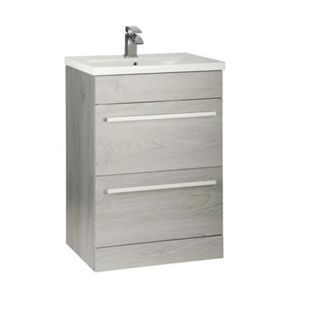 Bathroom 2 Drawer Floor Standing Vanity Unit with Basin 600mm Wide - Silver Oak - Brassware Not Included Brown Brown 1