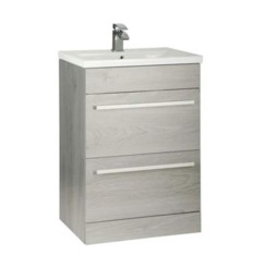 Bathroom 2 Drawer Floor Standing Vanity Unit with Basin 600mm Wide - Silver Oak - Brassware Not Included Brown Brown 1