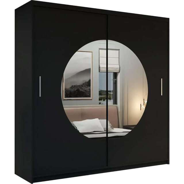 Modern Sliding Door Wardrobe with Circular Mirror - Adjustable Shelves & Rails, 150/203cm