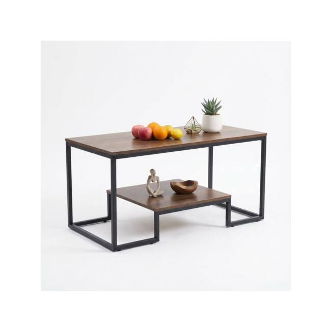 Alivio Modern Coffee Table with Metal Frame & Shelves Storage (Brown)