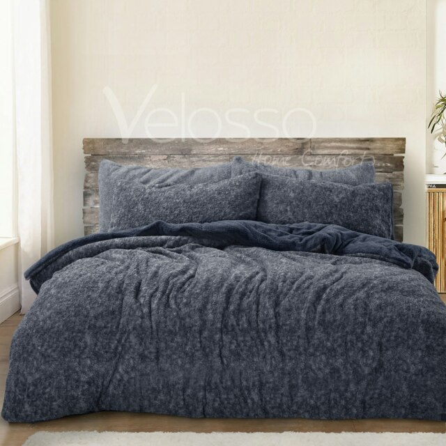 Velosso Teddy Marl Fluffy and Warm Fleece Duvet Cover Set Blue Navy Single