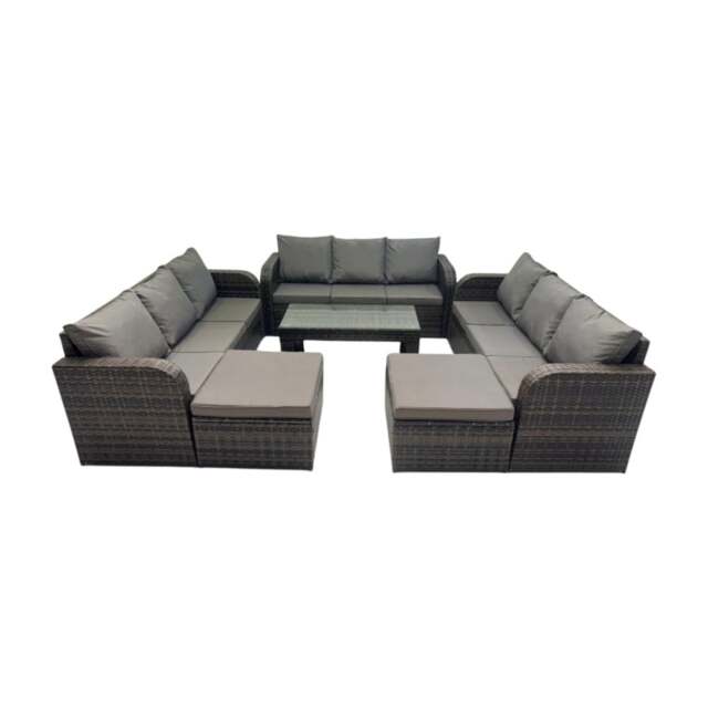 Fimous Rattan Garden Outdoor Furniture Set 3 Seater Sofa Coffee Table with 2 Big Footstools Dark Grey Mixed