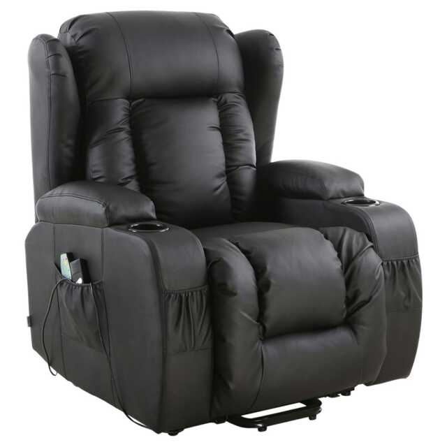 Caesar Single Motor Rise Recliner Bonded Leather Heat & Massage Chair (Black)