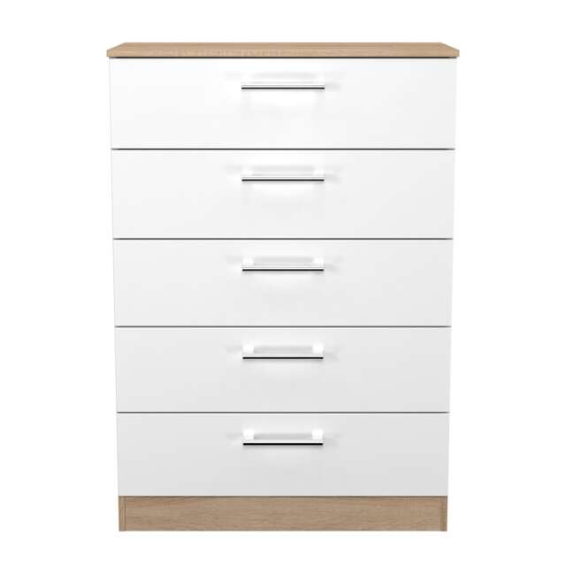 Cornwall 5 Drawer Chest of Drawers in White Matt & Bardolino Oak (Ready Assembled) White White Matt & Bardolino Oak