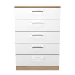 Cornwall 5 Drawer Chest of Drawers in White Matt & Bardolino Oak (Ready Assembled) White White Matt & Bardolino Oak