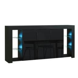 Black Sideboard 164cm Gloss Doors Free LED Modern Storage Unit Black
