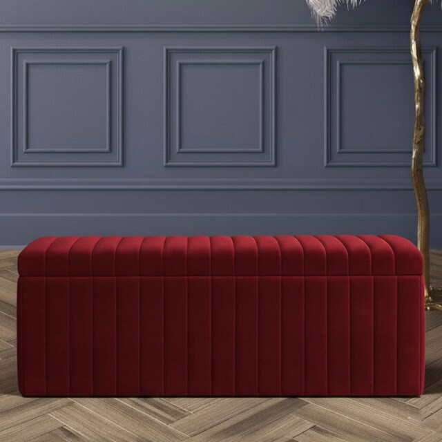 180cm Wide Lux Ottoman Storage Box, Red Velvet Upholstered Full Striped Storage Ottoman Box