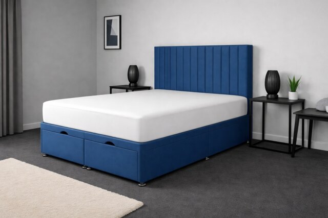 Apollo Blue Plush Velvet Ottoman Divan Foot Lift 5ft Kingsize Bed Set Headboard and Mattress