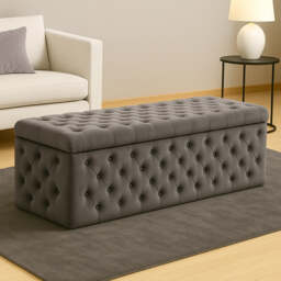 150cm Wide Lux Ottoman Storage Box, Steel Grey Velvet Upholstered Chesterfield Storage Ottoman Box