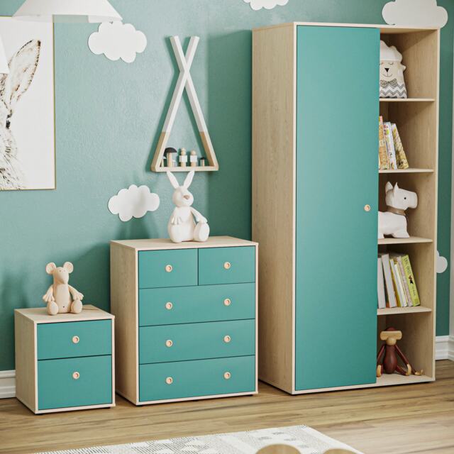 Junior Vida Neptune 3 Piece Bedroom Set, Blue & Oak (Bedside Table, Drawer Chest, Wardrobe) Blue Blue & Oak 3