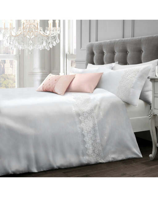 Intimates Faux Silk Nouvelle Lace Duvet Cover & Pillowcase Set White White Single