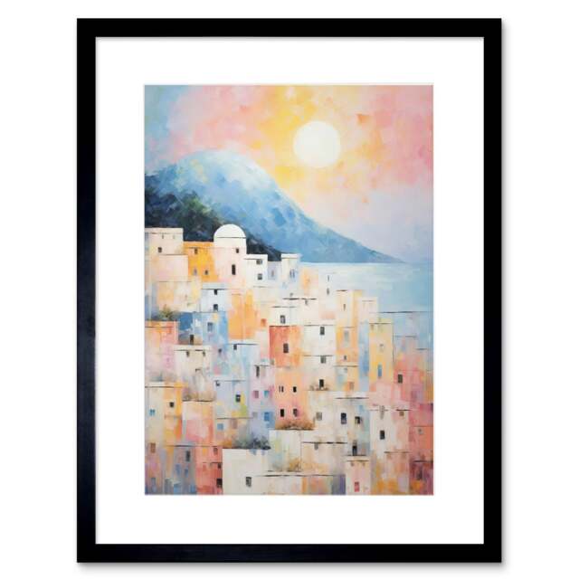 "Santorini Greece Buildings Pastel Sunrise Coastal 9x7"" Black Framed Wall Art Print"
