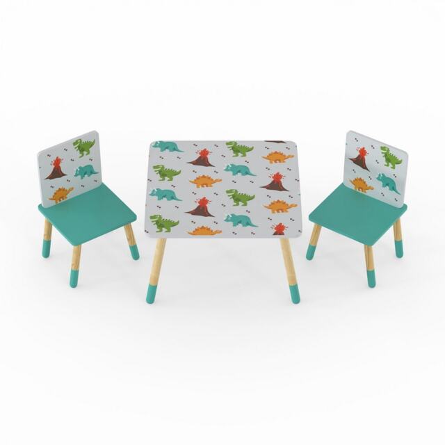Dino Kids Table & 2 Chairs Set - Space Saving Play Furniture with Scandi Pine Legs & Dinosaur Graphics - Assembly Required