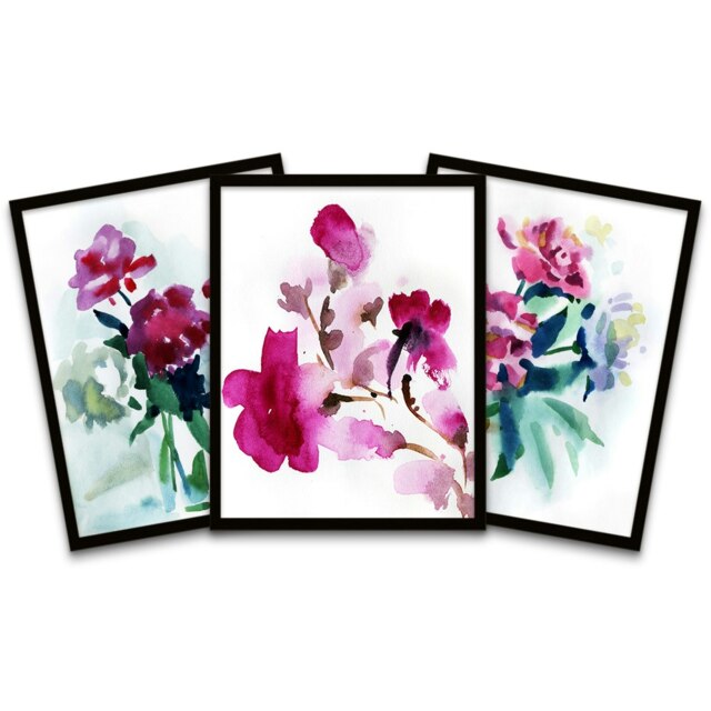 Watercolour Flowers Painting Framed Pack Of 3 Wall art Print Home Decor