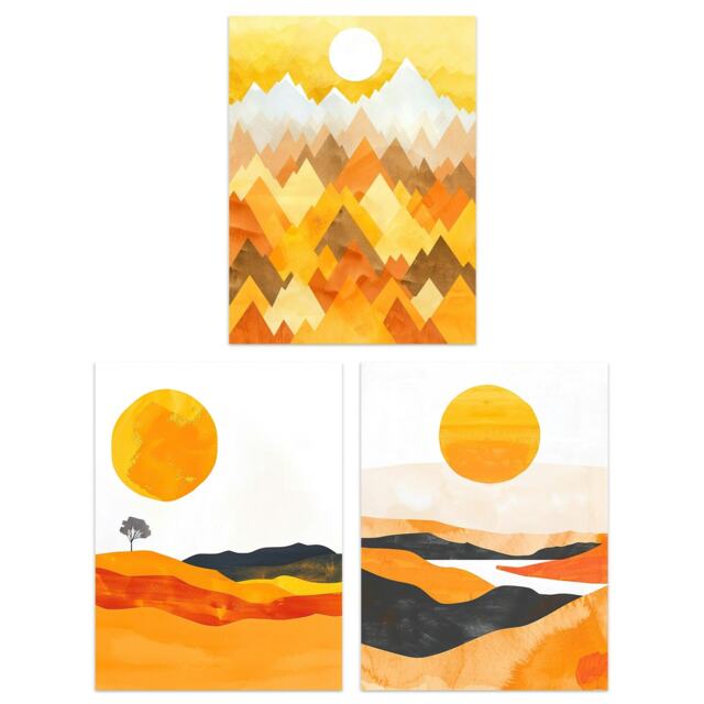 Set of 3 Prints Bold Orange Sunset Landscape Mountains Wall Art