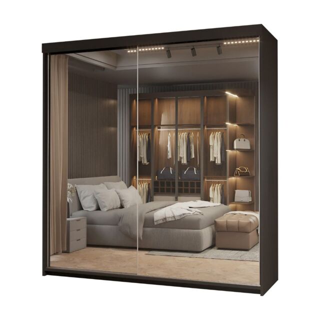 Sliding Wardrobes 4u Modern Sliding Door Wardrobe with Full Mirrors - 150cm and 200cm with Drawers Rails and Shelves Black 150cm