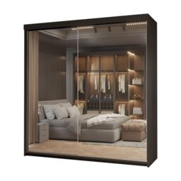 Sliding Wardrobes 4u Modern Sliding Door Wardrobe with Full Mirrors - 150cm and 200cm with Drawers Rails and Shelves Black 150cm