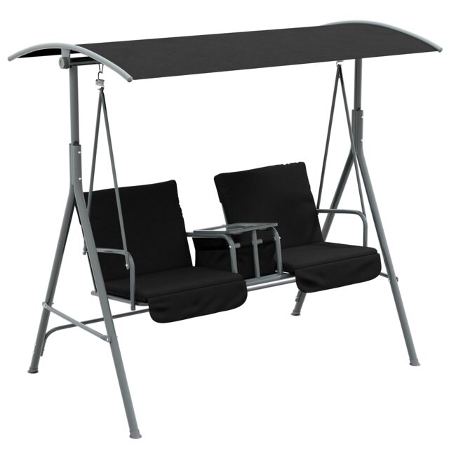 Outsunny 2 Person Covered Patio Swing with Pivot Table & Storage Console Black Black Black
