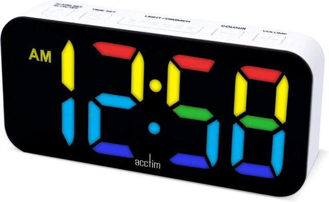 Acctim Jaxon White Digital Alarm Clock, LED Colour Changing Display, USB-C Mains Powered, USB-C Charging Port