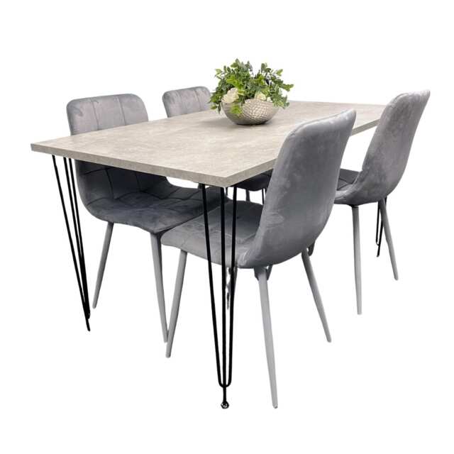 Grey Dining Table with Hairpin Legs & 4 Grey Velvet Chairs Set for Kitchen & Dining Room