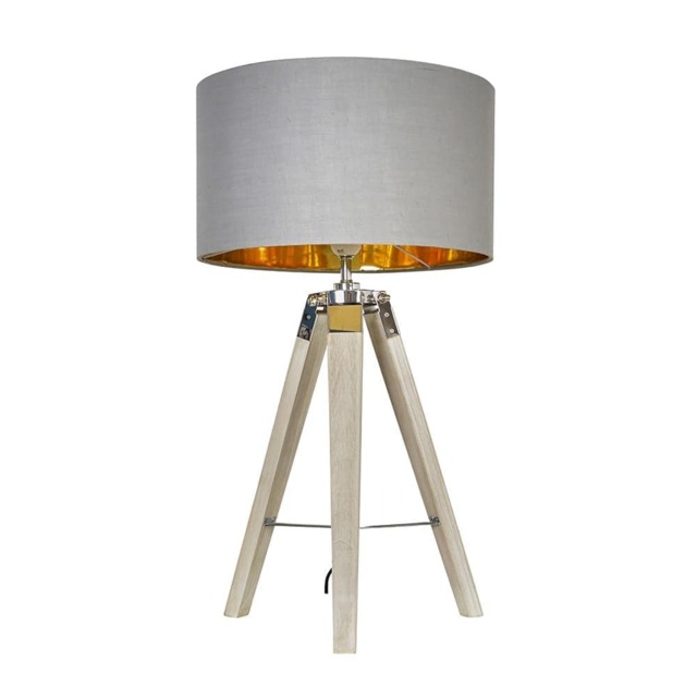 ValueLights Clipper Wood Tripod Table Lamp Grey Gold Shade and Bulb