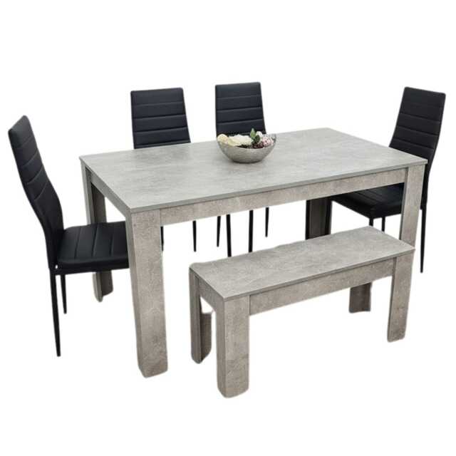 Stone Grey Effect Dining Table with 4 Black Faux Leather Chairs and Bench Dining Room
