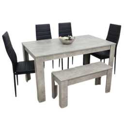 Stone Grey Effect Dining Table with 4 Black Faux Leather Chairs and Bench Dining Room